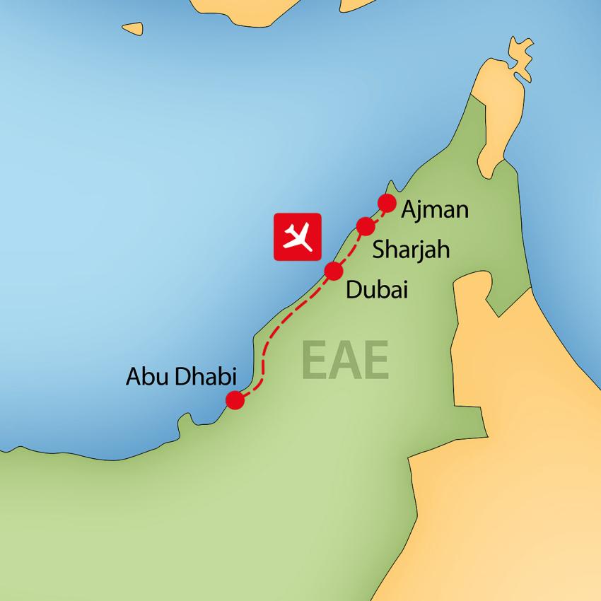 Dubai városlátogatás Emirates járattal – útvonal illusztráció (galéria első képe)