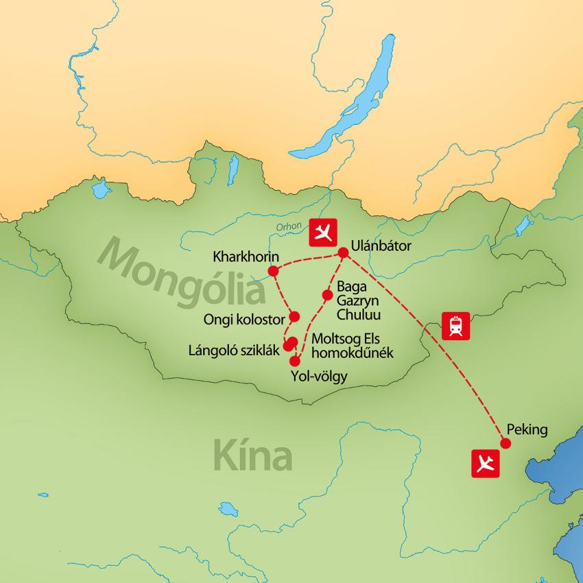 Mongólia és Peking körutazás – útvonal illusztráció (galéria első képe)