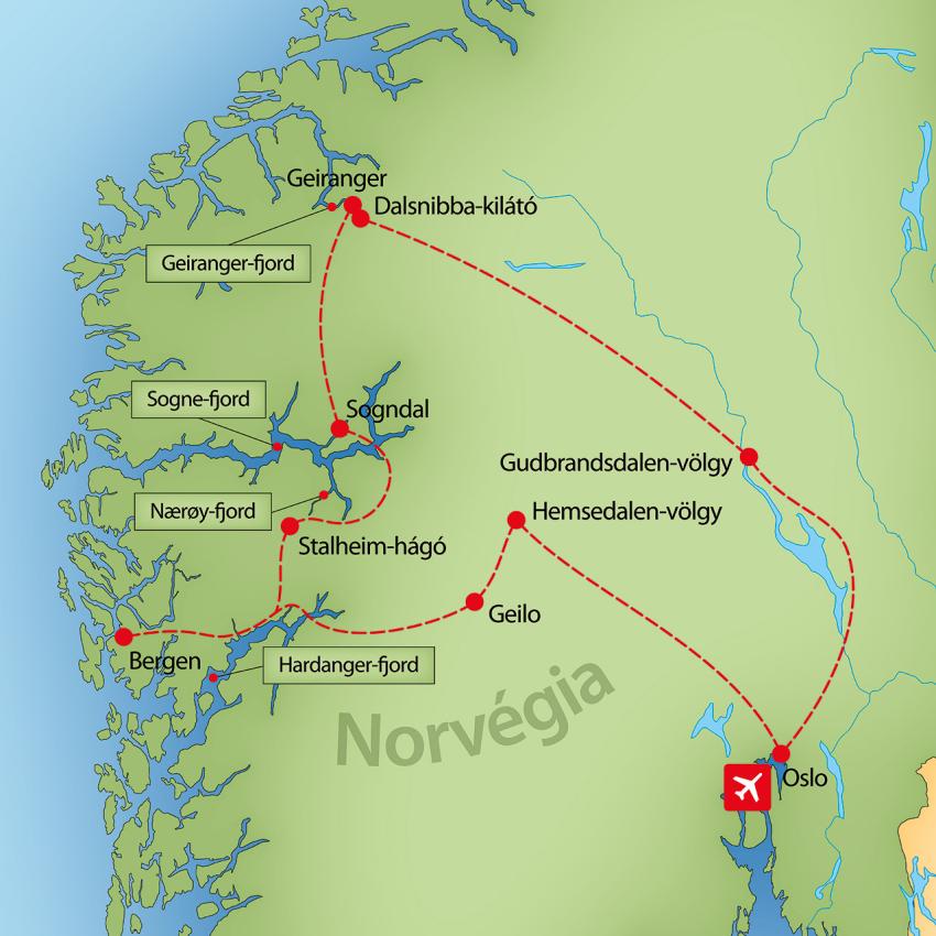 Három fjord – norvég nyári körutazás – útvonal illusztráció (galéria első képe)