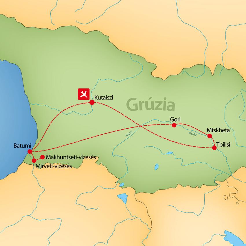 Grúzia varázsa körutazás – Kutaiszitől a Fekete-tengeren át Tbilisziig – útvonal illusztráció (galéria első képe)